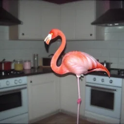 a flamingo in a stalinist style kitchen, by mini dv camera, very very low quality, heavy grain, very blurry, accidental flash, webcam, caught on trail cam