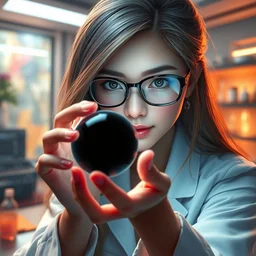 league of legends concept art beautiful young female scientist examining spherical black hole in her hand, long hair, glasses, futuristic laboratory background interior, table with laboratory equipment, art by charles liu, close - up shot, fantasy style, soft lighting, vibrant color scheme, female portrait, ultra detailed, volumetric lighting, octane render, commission art, 8 k wallpaper