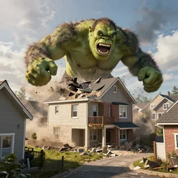 A prefabricated housing unit in a neighborhood of established homes being crushed by a giant violent raving angry ogre, chaos, octane render, extreme detail, 8k