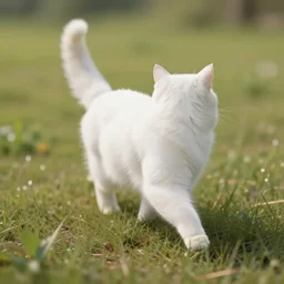a white cat walking, shot from behind, it is in a field, unreal engine