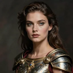close - up portrait of beautiful model dressed gladiator with metallic armor, art by man ray