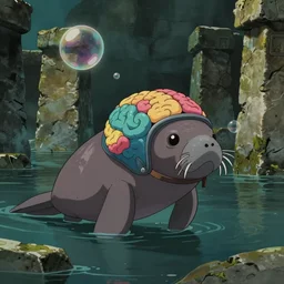 hyperrealist, dull colors, interior shot from howls moving castle 2 0 0 4 of a multi - colored brain helmet on a manatee floating in flooded stonehenge. bubble.