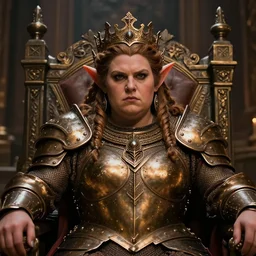 portrait, chubby female dwarf queen, bronze dwarven breastplate, elaborated braided hair, regal and proud robust woman, bold serious expression, style by greg rutkowski, wayne reynolds, jeff easley dramatic light, high detail, cinematic lighting, artstation, dungeons and dragons, throne room,