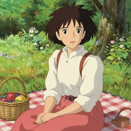 portrait of a woman having a picnic in a lush park, ilya kuvshinov face, highly detailed, cel shading, digital painting, anime key visual, in the style of hayao miyazaki and alphonse mucha