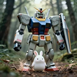 a 3 5 mm photo from the front of a giant mecha armored war gundam delorean robot chubby cute rabbit as delorean walking in the woods, splash art, movie still, bokeh, canon 5 0 mm, cinematic lighting, dramatic, film, photography, depth of field, award - winning, backlighting, overcast, 8 k, hyper detailed, 3 5 mm film grain