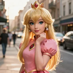 Beautiful Head and shoulders portrait of confident flirty Princess Peach with straight long blonde hair, by Zoë Mozert , Stephen Wayda , alberto Vargas, arney freytag, artstation, 35mm, fashion photoshoot, posing in an urban street, golden hour, bokeh, rim lighting, fashion pose, octane, 4k