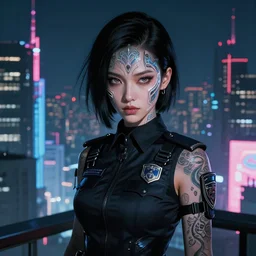 portrait black hair of futuristic symeetrical face female police, black armored uniform, tatoo, at rooftop futuristic cyberpunk 2 0 7 7 tokyo night, ssci - fi and fantasy, neon light, intricate and very very beautiful, highly detailed, digital painting, artstation, concept art, smooth and sharp focus, illustration, art by tian zi and wlop and alphonse mucha, frostbite engine