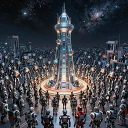 detailed intricate epic atmospheric illustration hyper detailed, millions of robot android workers standing in a crowd surrounding a gleaming steel and glass super tall tower, under the star filled galactic night sky