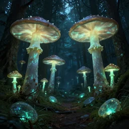 a forest of giant luminous mushrooms, glowing stones on the forest floor, dark ambient environment lighting, in style of thomas kinkaid, concept art, digital art, 8 k, hdr, fantasy, dark fantasy, trending on artstation, intricate