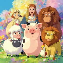 a vibrant emotional animation key shot of cute xenomorphic cow sheep pig chicken dog lion ape, studio ghibli, pixar and disney animation, sharp, disney concept art maximalist splatter paint illustration by shinji kimura and alphonse mucha and alena aenami, pastel color palette, bloom!!, dramatic lighting