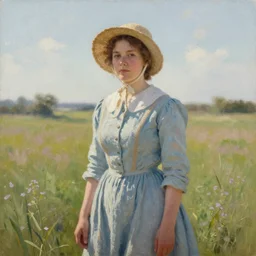 pioneer lady in a meadow, prairie dress and bonnet, portrait, oil