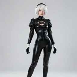 a fullbody portrait of a petite slender 2 b from nier automata, white hair, norwegian : : in a tight black shiny latex catsuit, long sleeves, turtleneck : : cosplay, photography, studio photography, real lighting, realistic, hd : :