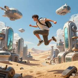 Action shot of a young man jumping over an advanced high tech Sci fi bustling steampunk city with flying air ships over it and tall glass buildings located in a sand desert, bright sunny day blue sky, digital painting, artstation, matte painting, highly detailed, intricate, concept art, game art, octane render, 8k, unreal engine