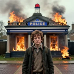 frodo baggins in front of a burning police station