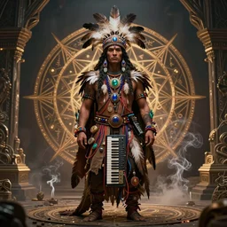 a centered render of a single mystical tribal shaman adorned with feathers and gemstones and cables and synthesizer parts is surrounded by sacred geometry made from elven architecture and incense smoke, full body, gorgeous, perfect face, powerful, cinematic, beautifully lit, by artgerm, by karol bak, by viktoria gavrilenko, 3 d, trending on artstation, octane render, 8 k
