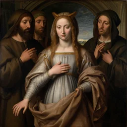 a renaissance painting of a wise owl woman in a robe, three cloaked figures standing behind her