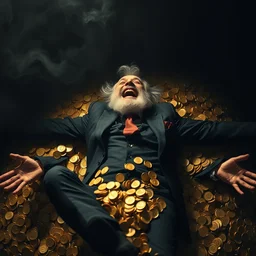 an overhead view of a greedy old bearded man in a suit laughing hysterically who is lying on a big pile of gold coins with his arms and legs outstretched. photorealistic, very dark room, cinematic, smoke, dark, moody, smokey lighting, dimly lit, neo noir style, octane render