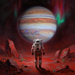 closeup mass effect astronaut walking toward an energy sphere on jupiter, jagged rocks, sparse plants, weird, creepy, quiet, red color scheme, andromeda krogan nebula aurora, detailed painting bioluminance alena aenami artworks in 4 kby gustave darrow, moebius!! dan mumford thomas kinkade
