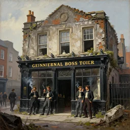 Beautiful painting of Irish rebels smoking cigarettes inside a ruined building, General Post Office in Dublin, 4K