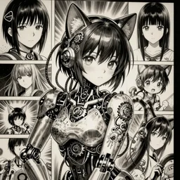Anime manga robot!! catgirl tattoo, exposed wires and gears, fully robotic!! catgirl, manga!! in the style of Junji Ito and Naoko Takeuchi, cute!! chibi!!! catgirl, tattoo on upper arm, arm tattoo