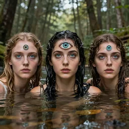 greek gods in forest, three eyed, wide wide shot, dry, in water, colors, eye in forehead, pins, very detailed, wet eyes reflecting into eyes reflecting into infinity, beautiful lighting