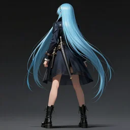 low - angle shot from behind of a long light blue - haired girl in a tailcoat with a scabbard, combat boots, noir, screenshot, sharp focus, intricate, illustration, cell shaded, digital painting, highly detailed, straight hair, art by ilya kuvshinov, wlop, greg rutkowski, studio quality, james jean