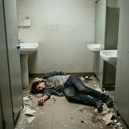 a man collapsed under the weight of his own delusion. in a restroom, porcelain shrapnel and filth decorates the walls.