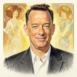 tom hanks smirk, colored pencil, portrait painting by richard schmid, thomas moran, studio ghibli, loish, alphonse mucha, fashion photography, backlit