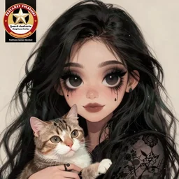 cute emo persian woman, with long dark hair, thick eyebrows!!! dark eyes and dark circles!, wide nose!!!, big eyes, oval face shape, big cheeks!, she is holding a cat in her arms, by juan villafuerte, greg rutkowski and alphonse mucha, pexels contest winner, high quality photo, hd rtx