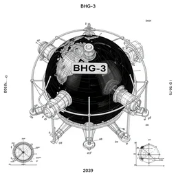 very detailed isometric blueprint scheme of a quantum black hole generator BHG-3, patented in 2039
