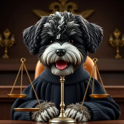 a closeup photorealistic illustration of a smiling knitted bernedoodle judge puppy dressed in a black gown, presiding over the courthouse. scales of justice. this 4 k hd image is trending on artstation, featured on behance, well - rendered, extra crisp, features intricate detail, epic composition and the style of unreal engine.
