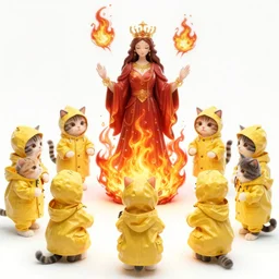 a gathering of yellow raincoat wearing kitten magicians summon a fire goddess from the depths of a raging fire pit, flames are emerging from fissures in the ground.
