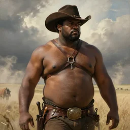 a beautiful dramatic epic painting of a thicc chunky beefy shirtless handsome!! black man | he is wearing a leather harness and cowboy hat | prairie setting, dust clouds | homoerotic, highly detailed, dramatic lighting | by Mark Maggiori, by William Herbert Dunton, by Charles Marion Russell | trending on artstation
