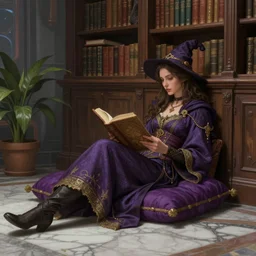 a detailed fantasy pastel of a woman wizard in ornate clothing lounging on a purpur pillow on the marble floor in front of her bookcase in a room, reading an ancient tome. to the side is a potted plant, moody light. ancient retrofuturistic setting. 4 k key art. raytracing, perspective, by chie yoshii and casey weldon