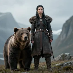a tall viking woman with black hair accompanied by a bear realistic 4 k