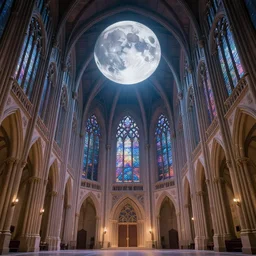 large gothic hall with a large moon on the ceiling, cyberspace, soft light, art station, detailed, colorful, symmetrical