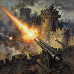 classical oil painting of anime key visual environment concept art of rail canon artillery firing over castle walls, smoke debris, grimdark steampunk fantasy, trending on artstation, brush strokes, oil, canvas, style of kawacy makoto shinkai jamie wyeth james gilleard edward hopper greg rutkowski, preserved historical