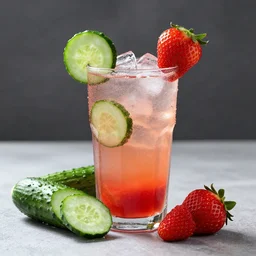 a cucumber and strawberry drink on a table, water condensation beads, studio lighting