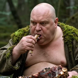 movie still by tarkovsky close - up of a giant obese old bald man eating a leg of lamb in a swamp, mossy, wearing dirty medieval clothes, by night, cinestill 8 0 0 t 3 5 mm b & w, heavy grain, high quality, noir, natural textures, photorealistic, ambient occlusion, hd, dof, torch, mud, fog, heavy