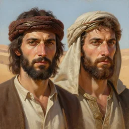 highly detailed painting of two jews in the desert, detailed faces, unreal engine, greg rutkowski, ilya kuvshinov, ross draws, tom bagshaw, tom whalen, nicoletta ceccoli, mark ryden