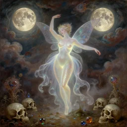 concept art of translucent glowing curvy buxom fairy dancing, renaissance, flowy, melting, round moons, rich clouds, very detailed, volumetric light, mist, fine art, decaying, textured oil over canvas, epic fantasy art, very colorful, ornate intricate scales, floor of skulls, fractal gems, 8 k, wide angle, high contrast