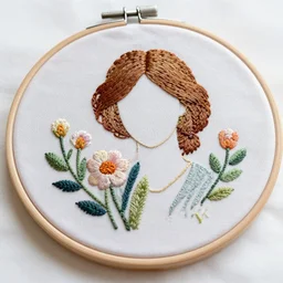 a beautiful handmade embroidery of a woman with flowers. hand embroidery.