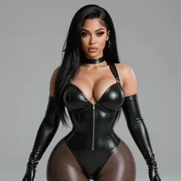 photorealistic 3 d render of kim kardashion as an impossibly curvy anime girl wearing a latex outfit, by artgerm and earl norem, featured on pixiv, booru, exaggerated proportions, high resolution digital art, 4 k, beautiful symmetric face, subsurface scattering, volumetric lighting, realistic skin texture