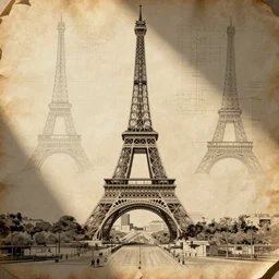 alternative designs for the eiffel tower, line drawing, schematic, plans, old yellowed paper