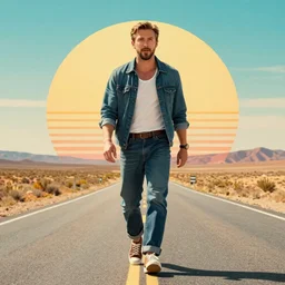 Ryan Gosling walking down the road in a horizont, retrowave sun, retrowave landscape, retrowave style, realistic materials, attention to detail, detailed depth of field, digital art, quality composition