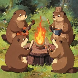 anthropomorphic minks dressed as humans playing D&D, cartoon style, studio ghibli, mucha