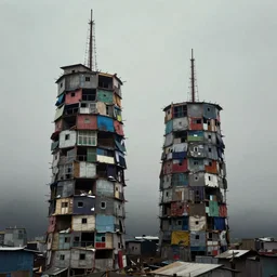 two towers, made up of makeshift squatter shacks with faded colours, misty, moody sky at the back, dystopia, mamiya, f 1 1, fully frontal view, photographed by trent parke