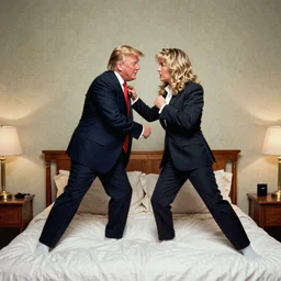 fully clothed donald trump wrestling a fully clothed stormy daniels on a bed directed by wes anderson, cinestill 8 0 0 t, 1 9 8 0 s movie still, film grain