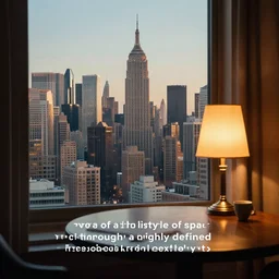 “view of a city in the style of space cowboys through a highly defined spectacle on a table next to a lamp”