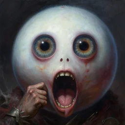 eyeball creature escaping barbarian's mouth, fantasy painting by boris vallejo and julie bell, perfect eyes, highly detailed,
